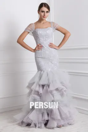 Robe sirène de soirée en dentelle moulante bustier à mancherons grise - Robedesoireelongue.fr